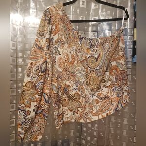 Paisley Asymmetrical Blouse - Orange, Blue, Cream
